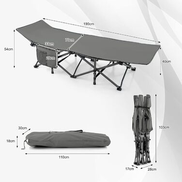 Складне кемпінгове ліжко GYMAX 185x67x54 см, сіре. Легке, портативне, з кишенею, до 270 кг, Oxford-тканина.