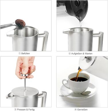 Френч-прес для кави 1л з нержавіючої сталі, термоізольований, з подвійними стінками та 5 фільтрами