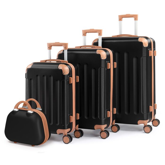 Набір валіз LALAHO 4 шт. з жорстким корпусом, ABS, з колесами | Чорний-коричневий | З косметичним осередком