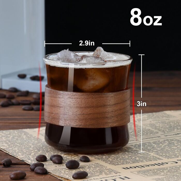 Набір чашок для еспресо ParaCity, 2 шт. з дерев'яним кільцем, склянка для еспресо та шнапсу з боросилікатного скла, прозора маленька чашка для еспресо, аксесуари для еспресо (240 мл)