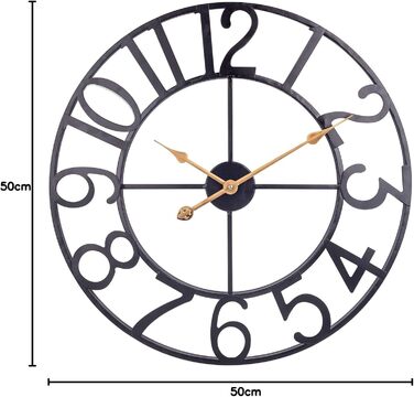 Large European Industrial Vintage Wall Clock with Roman Numerals, Silent No Ticking Sounds Metal Wall Clock, Decorative Wall Clock for Living Room, Kitchen, Bedroom - (Black Arabic, 50cm)