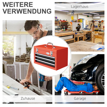 DURHAND Empty Tool Box, 45 x 24 x 27 cm Tool Box with 3 Drawers, Upper Storage Compartment, Handle, Tool Case with 2 Locks, Steel, Red | Aosom