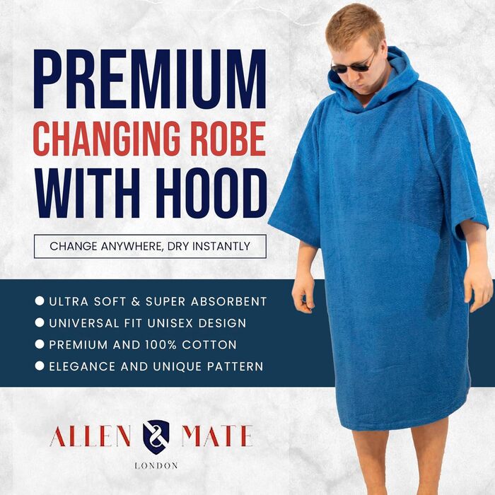 ALLEN & MATE Adult Hooded Towel Poncho, 100% Terry Cotton, Wrap Robe for Swimming, Surfing, and Beach Bathing