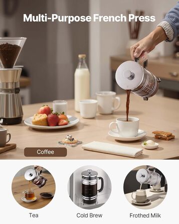 Френч-прес VEVOR 1 л з боросилікатного скла та нержавіючої сталі - для приготування кави, чаю, кемпінгу, подорожей, кухні, ресторану