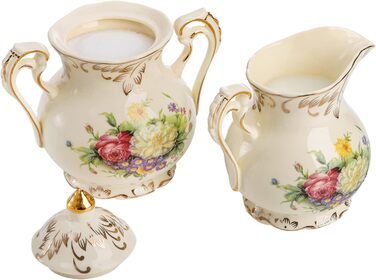 Foreigner's Zucker and Milchkännchen Set, Porcelain Ivory Coffee Serving Set Blossom Bushes Pattern Golden Leaves Edge Cream Pitcher and Sugar Bowl with Lid