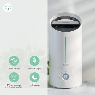 Leitz TruSens Ультразвуковий зволожувач повітря N-300, 45 м², з контролем вологості, для офісу, спальні та дитячої кімнати, 8 л, білий/сріблястий