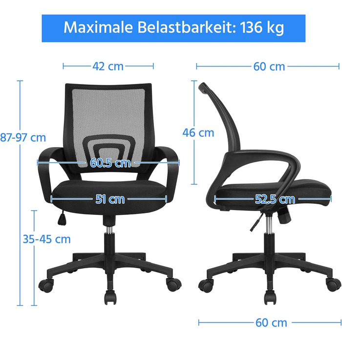 Офісне крісло Yaheetech ергономічне, з сітчастою спинкою та підлокітниками, поворотне, для начальника, з функцією гойдання, регульоване по висоті, підходить для ваги до 136 кг, чорне
