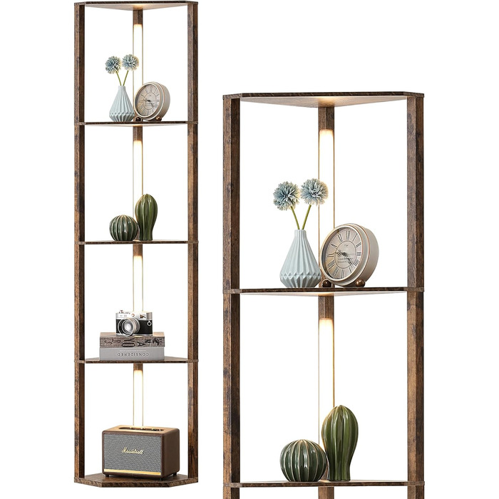 LED торшер EDISHINE з 4 дерев'яними полицями, регульоване освітлення, 3 колірні температури, поворотний світловий стержень, підсвічування полиць, футовий вимикач, вінтажний коричневий