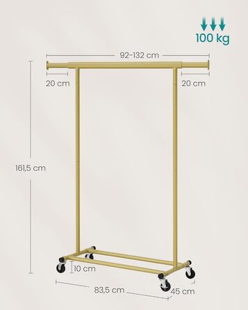 SONGMICS Clothes Rack on Wheels, Heavy-Duty Garment Rack, Extendable Clothes Rod, Load Capacity up to 100 kg, Easy Assembly, Portable, HSR13S (Pale Gold, (92-132) cm Width)