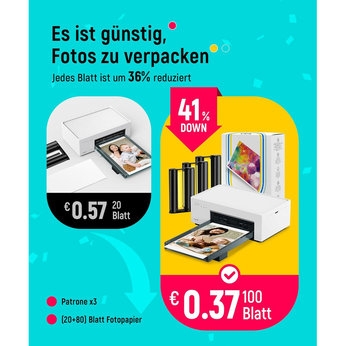 Портативний фотодрук для смартфонів Liene (10x15 см) + 2 пачки фотопаперу (20+80 аркушів), WiFi, сумісний з iPhone/Android/PC, 300 DPI, кольорова сублімація, білий