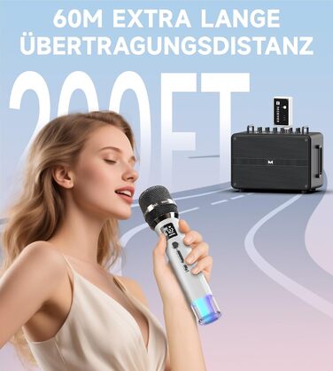 Бездротовий мікрофон з LED-підсвічуванням для караоке та YouTube/TikTok, 40 годин роботи, 60 метрів радіус дії, регулятор гучності, білий