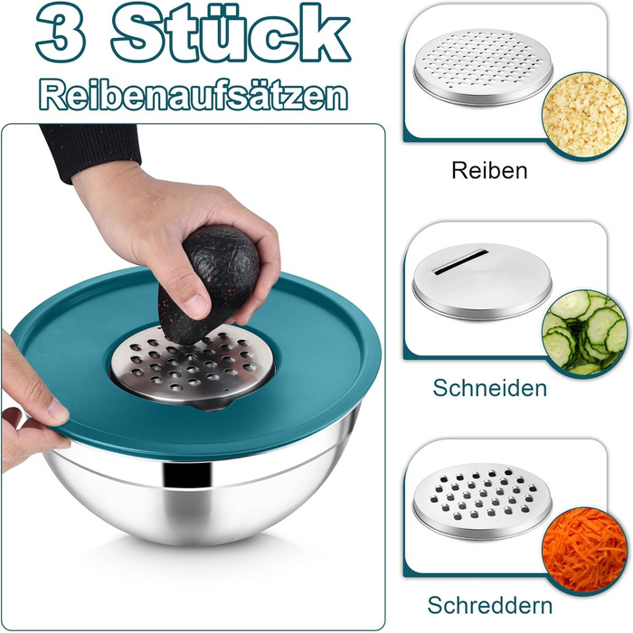 Миска Joyfair 4,5 л з нержавіючої сталі з кришкою, набором терок для приготування їжі, миска для салатів, посудомийна машина - блакитна