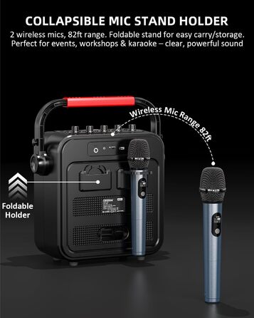 Караоке Машина з 2 мікрофонами, Bluetooth, PA Система з FM, USB, TF, AUX, Ехо, Регулювання Bass/Treble, Чорний