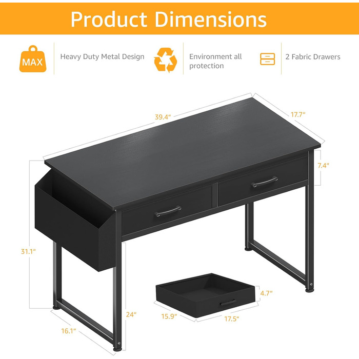 Small Black Computer Desk with Fabric Drawers - Home Office & Gaming - 39.4 inch