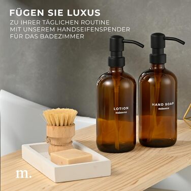MaisoNovo Soap Dispenser Set - Soap Dispenser for Kitchen - 500 ml Amber Bottles, Black Pumps, Glass Pump Dispensers, Soap Dispenser Set, 2-Piece Set and Concrete Tray - Dish Soap Dispenser Kitchen