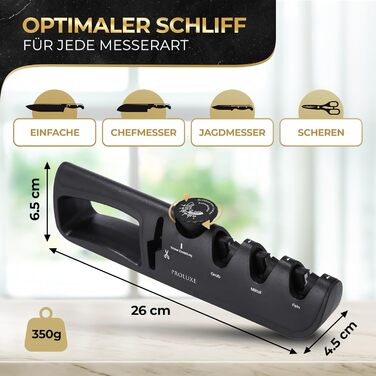Точилка для ножів Proluxe® Profi з кутовою направляючою та точилка для ножиць – з захисними рукавичками. 4-ступенева ручна точилка для кухонних ножів, ножів дамаск та ножиць – алмазний точильний пристрій