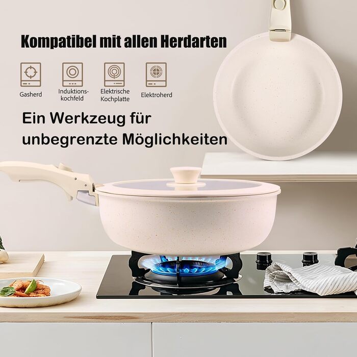 Набір посуду з антипригарним покриттям 11 предметів з знімними ручками (рожевий). Підходить для індукційних, газових плит, духовки та мийної машини. Без PFAS.