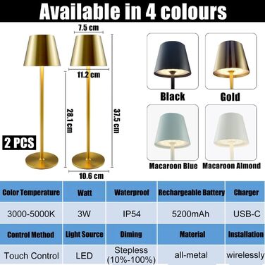 Акумуляторна настільна лампа Vollmetall (2 шт) LED, бездротова, 3 режими світла, сенсорне керування, золота. Лампа на стіл для їдальні, спальні, готелю