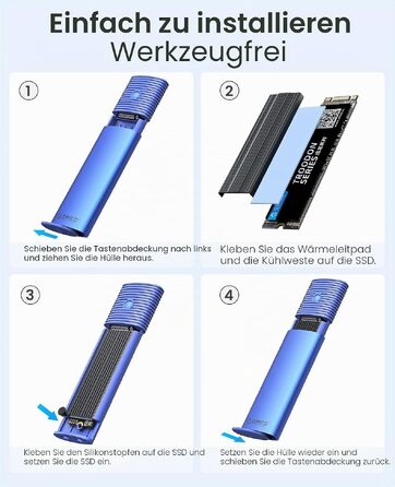 Зовнішній корпус-адаптер ORICO M.2 NVMe та SATA SSD (USB 3.2 Gen 2, 10Gbps), алюмінієвий кейс для SSD 2230/2242/2260/2280, B+M Key, UASP, Trim, без інструментів — PWDM2-BK (Синій)