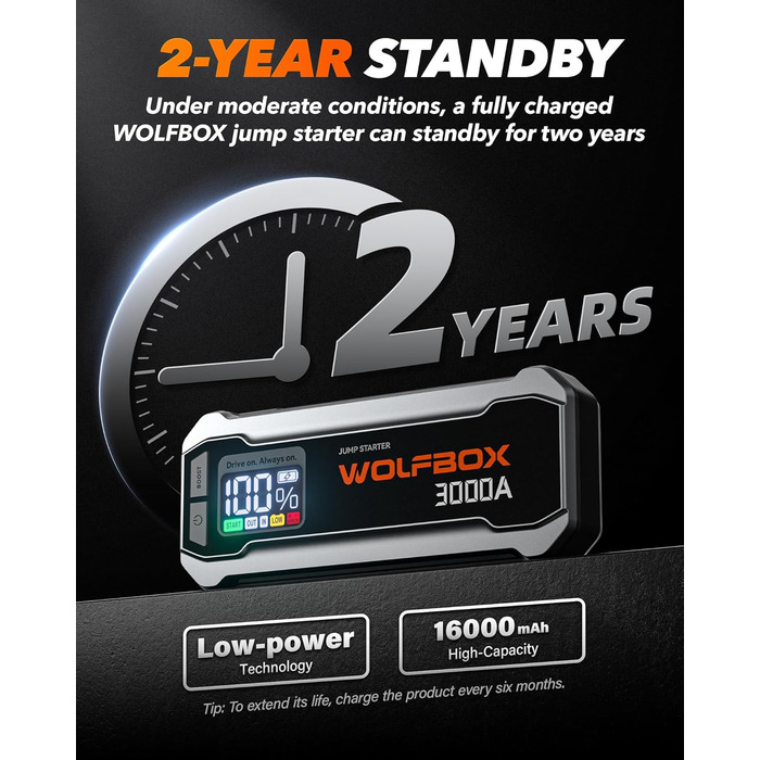 Powerbank WOLFBOX для запуску авто: 12V, 3000A, LED-ліхтар, для SUV, LKW, мотоциклів