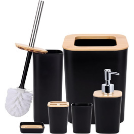 Bathroom Accessories Set - 6Pcs Bathroom Accessories Set made of Bamboo, Lotion Bottles, Toothbrush Holder, Tooth Cup, Soap Dish, Toilet Brush, Waste Bin