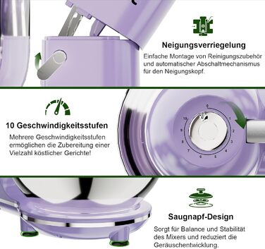 Кухонна машина Camic 2000W: планетарний міксер з чашею з нержавіючої сталі 7л, 10 швидкостями, набором насадок та захистом від бризок, світло-фіолетова