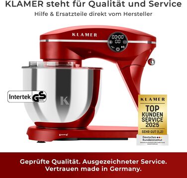 Кухонний комбайн-міксер KLAMER 1800W, планетарний міксер для тіста з чашею з нержавіючої сталі 6л, червоний
