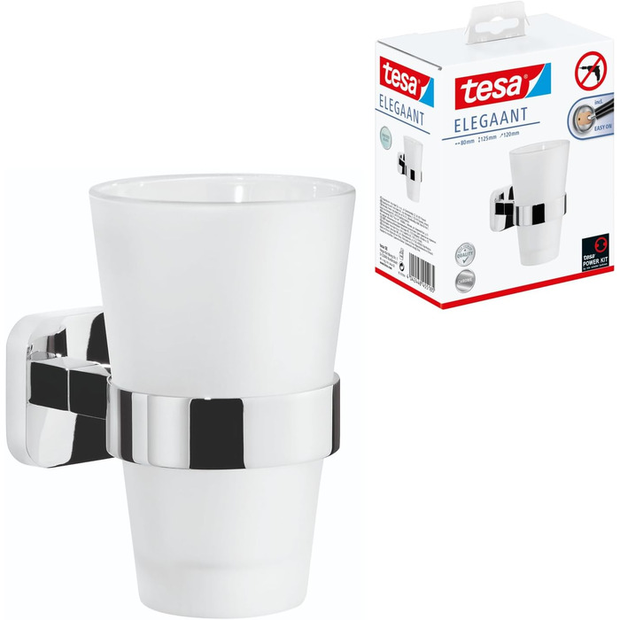 tesa ELEGAANT Toothbrush Holder - Glass Cup with Chrome Wall Mount - For Wall Mounting Without Drilling - 80mm x 125mm x 120mm