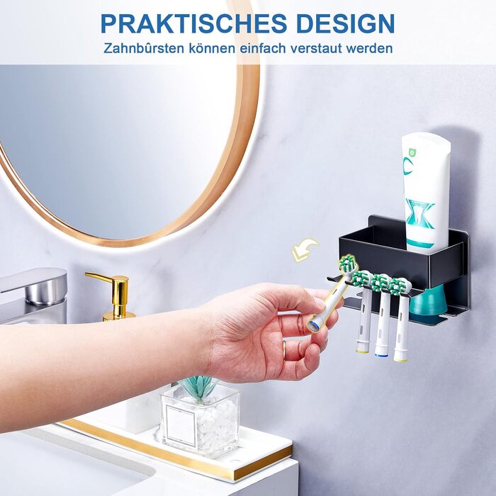 Тримач для зубних щіток настінний, для електричної зубної щітки, з підставкою для насадок, без свердління, чорний, компактний