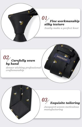 HISDERN Чоловіча краватка з принтом тварин, краватка-метелик, нагрудна хустинка, набір для весілля/бізнесу, чорний/бджола, універсальний розмір