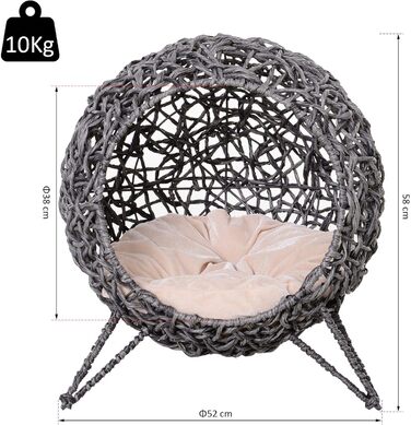 PawHut Rattan Cat House with Cushion, Cat Sleeping Place, Cat Cave with Raised Feet, Natural Ø52 x 58 cm (Silver Grey)