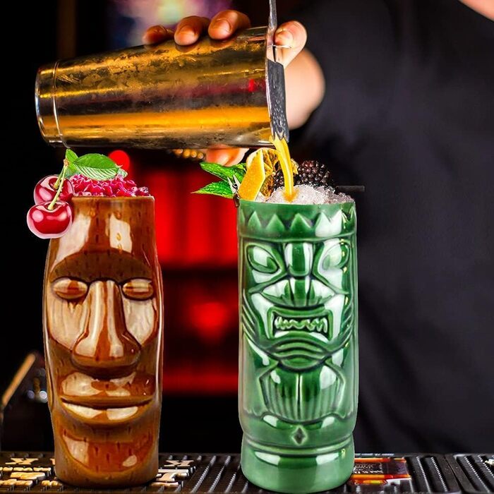 Tiki Tassen Cocktail Set with 4 Pieces – Large Ceramic Cups, Hawaiian Luau Party Cups, Drinkware, Cute Exotic Cocktail Glasses, Tiki Bar, Professional Hawaiian Party