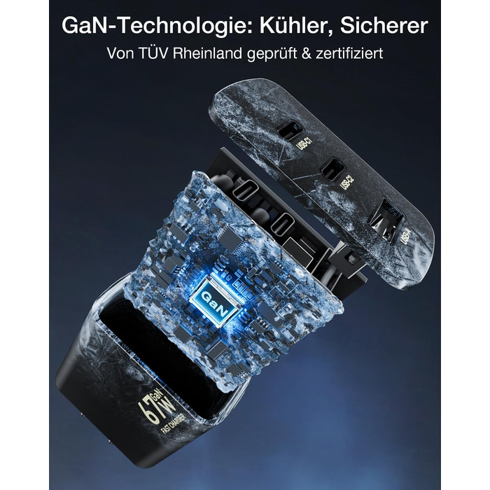 Зарядний пристрій USB-C 67W 3-Port PD PPS для MacBook, iPhone, Samsung Galaxy, iPad, Pixel - Чорний