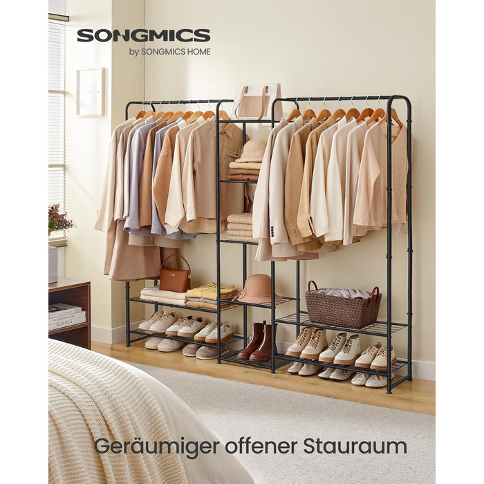 SONGMICS Clothes Rack, Open Wardrobe, Clothes Rail, Coat Rack with Shelves, Metal Wardrobe, Freestanding, Matte Black LGR462B01 (183B cm)