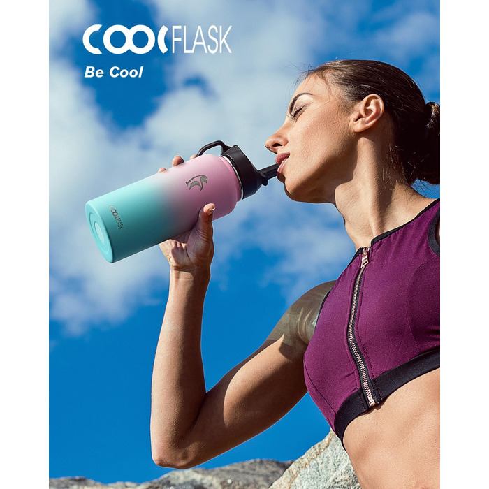 Термопляшка Coolflask 2л з соломинкою та 3 кришками, нержавіюча сталь, для спорту та офісу, герметична (Bubble Gum, 946 мл)