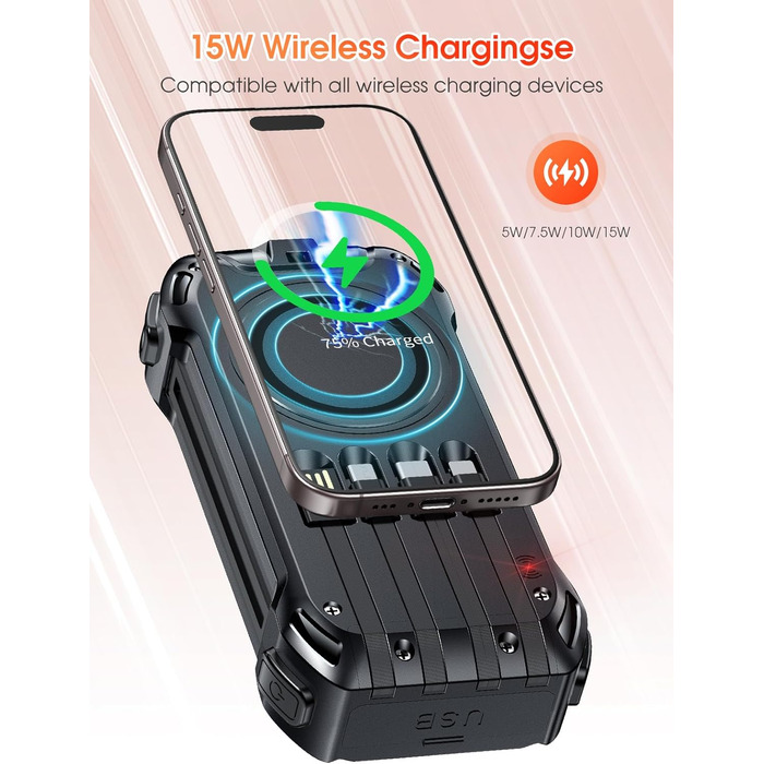 Портативний зарядний акумулятор 26800mAh з сонячною панеллю, 30W PD, 15W Wireless, 3 порти, ліхтарик, для телефонів та планшетів, чорний