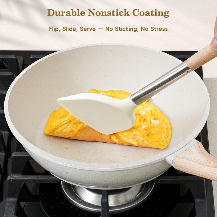 Набір каструль та сковорідок, 12 предметів, з антипригарним покриттям, індукційний, з граніту, без PFOA та PFOS, з силіконовими аксесуарами (білий)