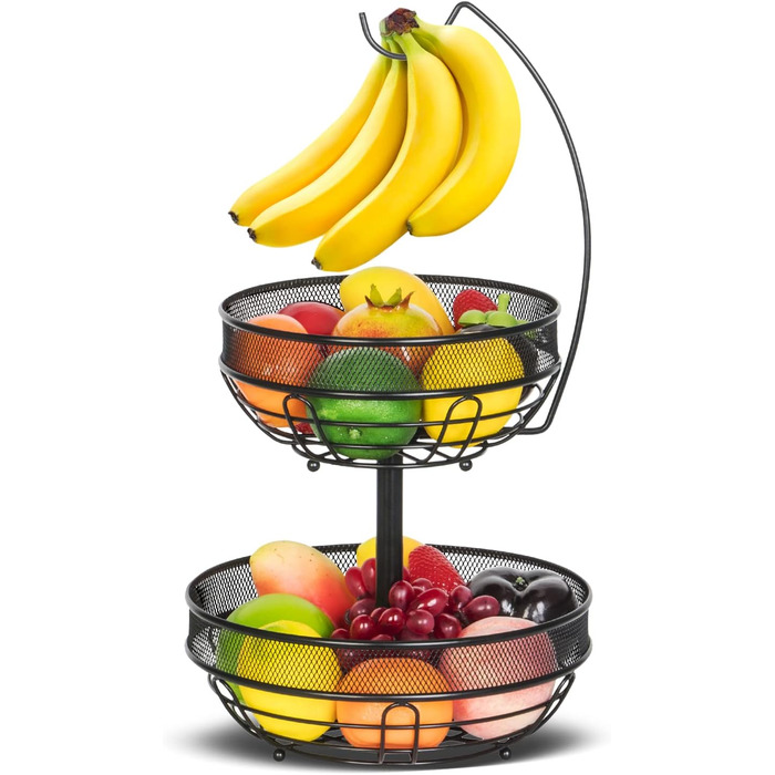 Двоярусна підставка для фруктів з кріпленням для бананів, чорна, з металевою мискою