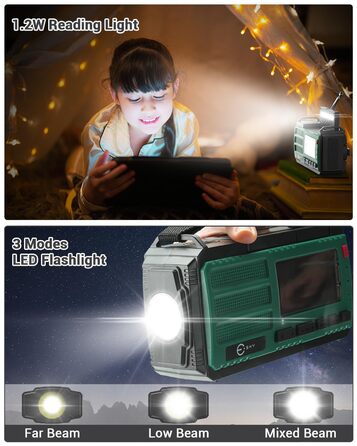Радіо Kurbelradio з сонячною панеллю Esky, 10000mAh, AM/FM, SOS-сигнал, компас, LED-ліхтарик, живлення для смартфона, для надзвичайних ситуацій та кемпінгу, зелене