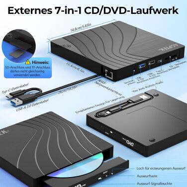 Зовнішній DVD-накопичувач AGPTEK USB 3.0 Slim CD/DVD-брунер з картридером TF/SD для ноутбука, MacBook, Windows, Linux, Mac OS
