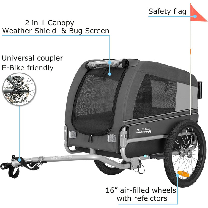 Універсальний візок для собак Tiggo VS Pets 2в1: візок та велосипедний причіп, сірий