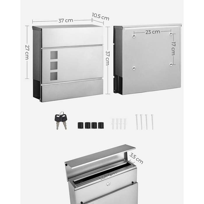 Поштовий ящик SONGMICS XXL скребковий, 37x37x10.5 см, з вікном, замком (2 ключі), сріблястий - GMB052G01