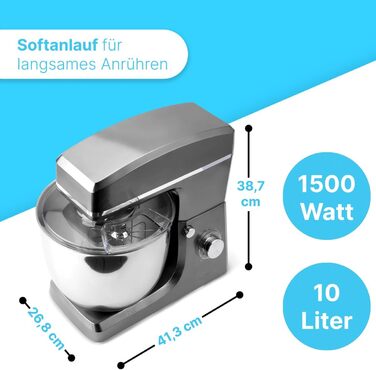 Планетарний міксер Clatronic KM 3765 XXL для випічки, чаша 10л, 1500Вт, тістомішалка з насадками та захистом від бризок (Титан)