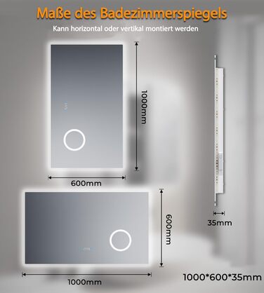 Дзеркало для ванної кімнати SVNR з підсвічуванням 40x60 см, LED, алюмінієва рама, захисне скло, IP44, 3 кольори світла, антизапар, годинник, 5x лупа, розетка для гоління