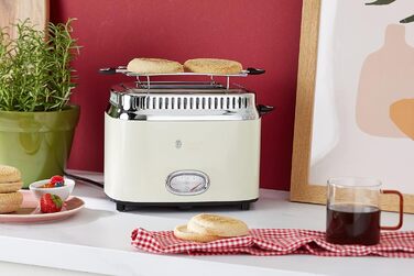 Russell Hobbs Toaster [for 2 slices] Retro Stainless Steel Cream (Retro-style countdown display, includes bun warmer, 6 browning levels + defrost & reheat function, 1300W) Vintage 21682-56