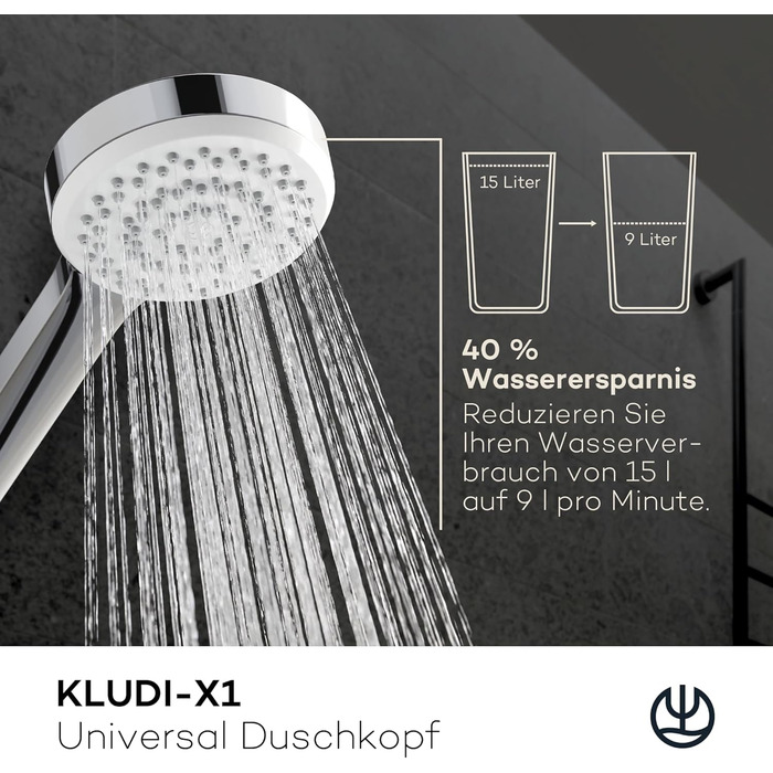 KLUDI-X1 Universal Shower Head with Hose, optional shower spray, water-saving with 3 spray patterns (Body, Hair, Skin), easy-to-clean shower head Ø 10.7 cm, shower hose 1.60 m (Chrome, 1 spray pattern)
