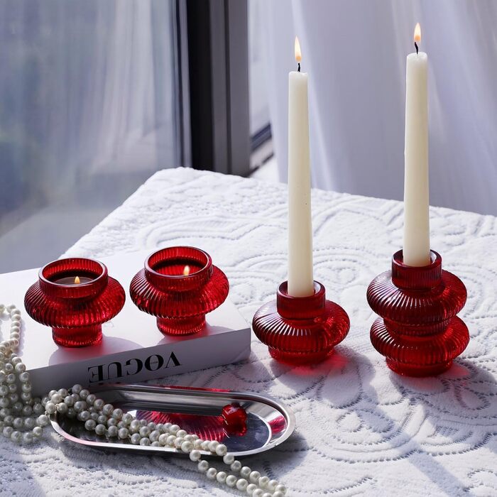 VOHO Candle Holders, Ribbed Glass, Stylish Boho Candle Holders, Stackable and Reversible, for Candle Stands and Votive Candles, e Candle Holders, Table Decoration, Set of 12 (Red/Getaway, Solid (Getaway Solids))