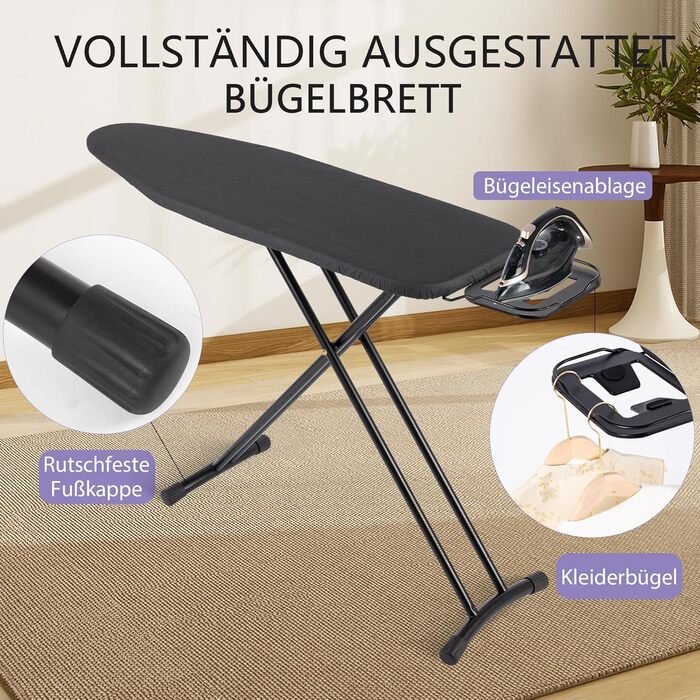 Гладильна дошка Aoufottes регульована по висоті, для прасування з парою, 120x38 см, чорна