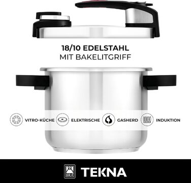 Скороварка BRA Tekna 6 л з легкою відкривною системою, нержавіюча сталь 18/10, 2 програми, підходить для всіх плит