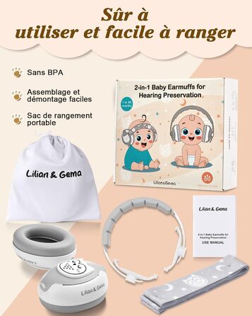 Навушники для захисту від шуму Lilian&Gema для немовлят - 2 в 1, 25dB, білі
